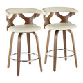 Gardenia 26" Mid-Century Modern Fixed Height Counter Stool with Swivel in Walnut and Cream Faux Leather- Set of 2 — pair view