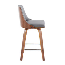 Gianna counter stool in Walnut Wood, Chrome Metal, Grey PU, side view, featuring swivel and metal footrest