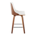 Gianna counter stool in Walnut Wood, Chrome Metal, White PU, side view, featuring swivel and metal footrest