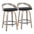 Grotto 26" Contemporary Fixed-Height Counter Stool with Swivel in Light Grey Wood and Black Faux Leather with Round Black Metal Footrest- Set of 2 — pair view