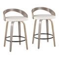 Grotto 26" Fixed-Height Contemporary Fixed-Height Counter Stool with Swivel in Light Grey Wood and White Faux Leather with Round Black Metal Footrest- Set of 2 — pair view