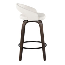 Grotto counter stool in Walnut Glazed Wood, White PU, Black Metal, side view, featuring swivel and wood frame