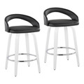 Grotto 26" Contemporary Fixed-Height Counter Stool with Swivel in White Wood and Black Faux Leather with Round Chrome Footrest- Set of 2 — pair view