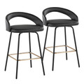 Grotto Upholstered 26" Contemporary Fixed-Height Counter Stool with Swivel in Black Metal and Black Faux Leather with Square Gold Metal Footrest- Set of 2 — pair view