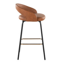 Grotto counter stool in Black Metal, Camel PU, Gold Metal, side view, featuring swivel and metal footrest