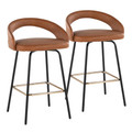 Grotto Upholstered 26" Contemporary Fixed-Height Counter Stool with Swivel in Black Metal and Camel Faux Leather with Square Gold Metal Footrest- Set of 2 — pair view
