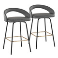 Grotto Upholstered 26" Contemporary Fixed-Height Counter Stool with Swivel in Black Metal and Grey Faux Leather with Square Gold Metal Footrest- Set of 2 — pair view