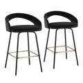 Grotto Upholstered 26" Contemporary Fixed-Height Counter Stool with Swivel in Black Metal and Black Velvet with Square Gold Metal Footrest- Set of 2 — pair view