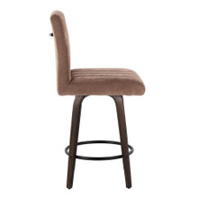 Hannah counter stool in Walnut Glazed Wood, Brown Fabric, Black Metal, side view, featuring swivel and wood frame