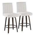Hank 26" Contemporary Fixed-Height Counter Stool with Swivel in Walnut Glazed Wood and Light Grey Fabric with Round Black Metal Footrest- Set of 2 — pair view (photo 1)