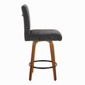 Hannah counter stool in Walnut Wood, Black Fabric, Black Metal, side view, featuring swivel and wood frame