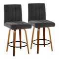 Hank 26" Contemporary Fixed-Height Counter Stool with Swivel in Walnut Wood and Black Fabric with Round Black Metal Footrest- Set of 2 — pair view (photo 1)