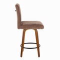 Hannah counter stool in Walnut Wood, Brown Fabric, Black Metal, side view, featuring swivel and wood frame