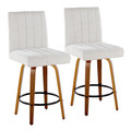 Hank 26" Contemporary Fixed-Height Counter Stool with Swivel in Walnut Wood and Light Grey Fabric with Round Black Metal Footrest- Set of 2 — pair view (photo 1)