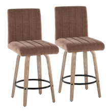 Hank 26" Contemporary Fixed-Height Counter Stool with Swivel in Whitewashed Wood and Brown Fabric with Round Black Metal Footrest- Set of 2 — pair view (photo 1)