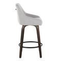 Hannah counter stool in Walnut Glazed Wood, Grey Fabric, Black Metal, side view, featuring swivel and wood frame