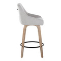 Hannah counter stool in Whitewashed Wood, Grey Fabric, Black Metal, side view, featuring swivel and upholstered seat