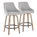 Hannah 26" Transitional Fixed-Height Counter Stool with Swivel in Whitewashed Wood and Grey Fabric with Round Black Metal Footrest- Set of 2 — pair view (photo 1)