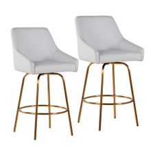Hannah 26" Transitional Fixed-Height Counter Stool with Swivel in White Faux Leather, with Gold Metal Legs and Footrest with Gold Handle Accent- Set of 2 — pair view (photo 1)