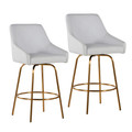 Hannah 26" Transitional Fixed-Height Counter Stool with Swivel in White Faux Leather, with Gold Metal Legs and Footrest with Gold Handle Accent- Set of 2 — pair view (photo 1)