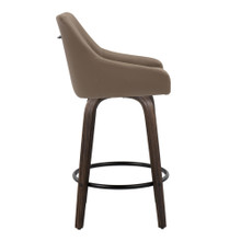 Hannah counter stool in Walnut Glazed Wood, Brown PU, Black Metal, side view, featuring swivel and wood frame