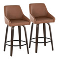 Hannah 26" Transitional Fixed-Height Counter Stool with Swivel in Walnut Glazed Wood and Camel Faux Leather with Round Black Metal Footrest- Set of 2 — pair view (photo 1)