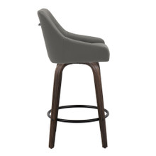 Hannah counter stool in Walnut Glazed Wood, Dark Grey PU, Black Metal, side view, featuring swivel and wood frame