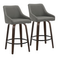 Hannah 26" Transitional Fixed-Height Counter Stool with Swivel in Walnut Glazed Wood and Dark Grey Faux Leather with Round Black Metal Footrest- Set of 2 — pair view (photo 1)