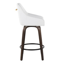 Hannah counter stool in Walnut Glazed Wood, White PU, Gold Metal, Black Metal, side view, featuring swivel and wood frame