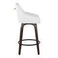 Hannah counter stool in Walnut Glazed Wood, White PU, Gold Metal, Black Metal, side view, featuring swivel and wood frame