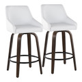 Hannah 26" Transitional Fixed-Height Counter Stool with Swivel in Walnut Glazed Wood, White Faux Leather, and Gold Metal with Rounded Black Metal Footrest- Set of 2 — pair view (photo 1)
