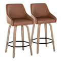 Hannah 26" Transitional Fixed-Height Counter Stool with Swivel in Whitewashed Wood and Camel Faux Leather with Round Black Metal Footrest- Set of 2 — pair view (photo 1)