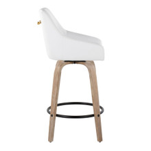 Hannah counter stool in Whitewashed Wood, White PU, Gold Metal, Black Metal, side view, featuring swivel and wood frame