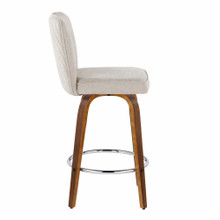 Henry counter stool in Walnut Wood, Beige Fabric, Chrome Metal, side view, featuring swivel and wood frame