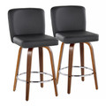 Henry 26" Contemporary Fixed-Height Counter Stool with Swivel in Walnut Wood and Black Faux Leather with Round Chrome Footrest- Set of 2 — pair view