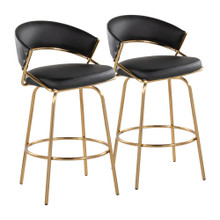 Jie Fixed-Height Contemporary Counter Stool with Swivel in Gold Metal and Black Faux Leather with Round Footrest- Set of 2 — pair view