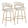 Jie Fixed-Height Contemporary Counter Stool with Swivel in Gold Metal and White Faux Leather with Round Footrest- Set of 2 — pair view