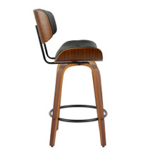 Lombardi counter stool in Walnut Wood, Black Metal, Black PU, side view, featuring swivel and upholstered seat