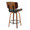 Lombardi counter stool in Walnut Wood, Black Metal, Black PU, back and side view, featuring swivel and upholstered seat