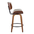 Lombardi counter stool in Walnut Wood, Black Metal, Cream PU, side view, featuring swivel and upholstered seat