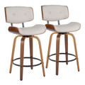 Lombardi 26" Mid-Century Modern Fixed-Height Counter Stool with Swivel in Walnut Wood and Cream Faux Leather with Round Black Metal Footrest- Set of 2 — pair view