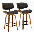 Lombardi 26" Mid-Century Modern Fixed-Height Counter Stool with Swivel in Walnut Wood and Espresso Faux Leather with Round Black Metal Footrest- Set of 2 — pair view