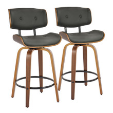 Lombardi 26" Mid-Century Modern Fixed-Height Counter Stool with Swivel in Walnut Wood and Grey Faux Leather with Round Black Metal Footrest- Set of 2 — pair view
