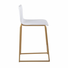 Mara counter stool in Gold Metal, White PU, side view, featuring metal footrest