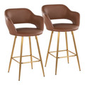 Margarite 26" Contemporary Fixed-Height Counter Stool in Gold Metal and Brown Faux Leather with Square Gold Metal Footrest- Set of 2 — pair view