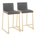 Mason Mara 26" Contemporary Fixed-Height Counter Stool in Gold Metal, Walnut Wood and Grey Faux Leather- Set of 2 — pair view