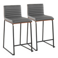 Mason Mara 26" Contemporary Fixed-Height Counter Stool in Black Metal, Walnut Wood and Grey Faux Leather- Set of 2 — pair view