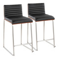 Mason Mara 26" Contemporary Fixed-Height Counter Stool in Stainless Steel, Walnut Wood and Black Faux Leather- Set of 2 — pair view