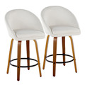 Matisse High Back 26" Contemporary Fixed-Height Counter Stool with Swivel in Walnut Wood and Cream Fabric with Round Black Metal Footrest- Set of 2 — pair view
