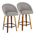 Matisse High Back 26" Contemporary Fixed-Height Counter Stool with Swivel in Walnut Wood and Grey Fabric with Round Black Metal Footrest- Set of 2 — pair view